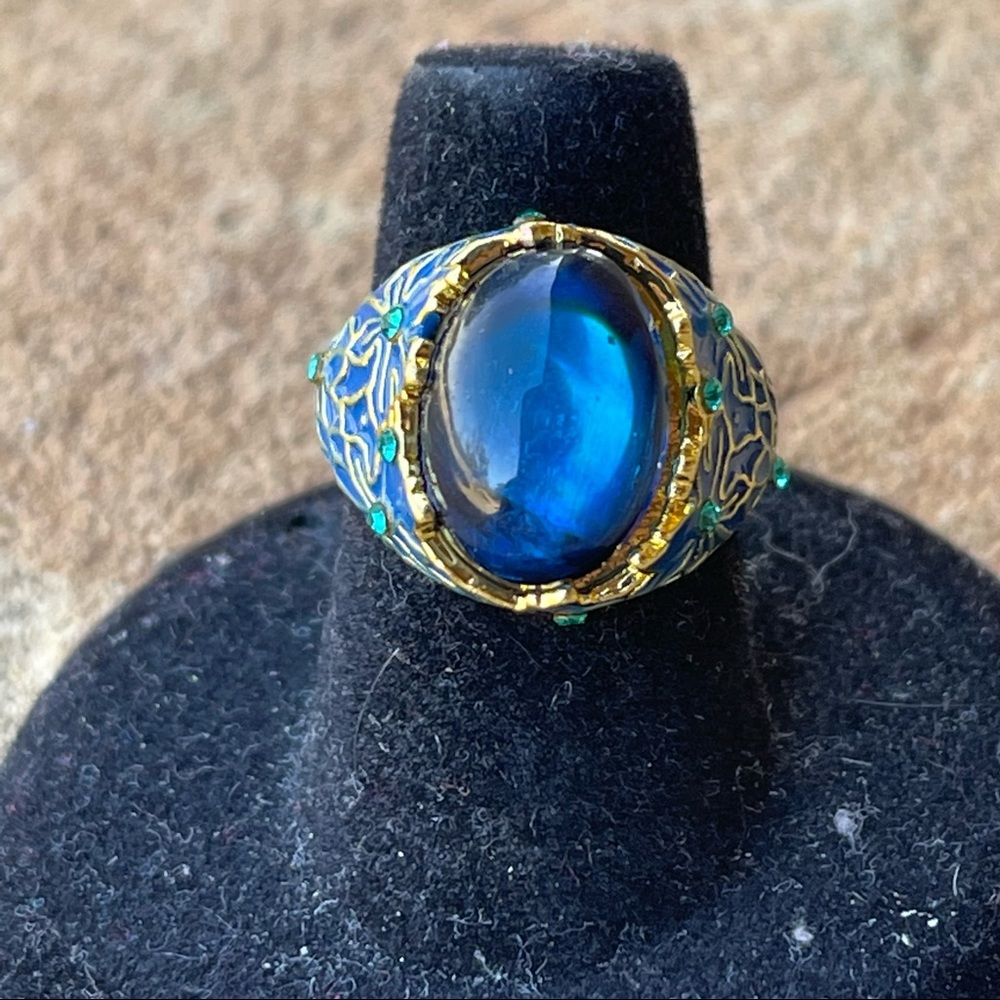 Blue fashion stone w/blue & gold enamel floral cloisonné ring w/rhinestones - Picture 4 of 7